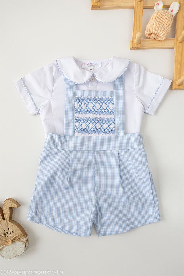 Blue Gingham Boys Overall and Shirt Set