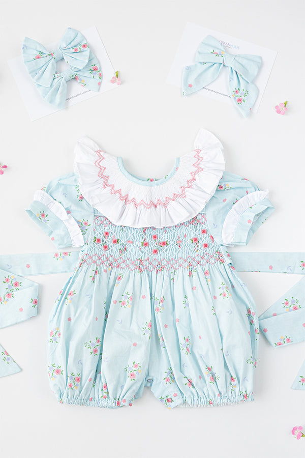 Blue floral Handsmocked Romper