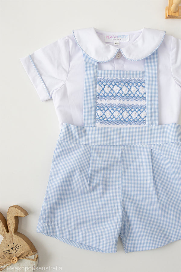 Blue Gingham Boys Overall and Shirt Set