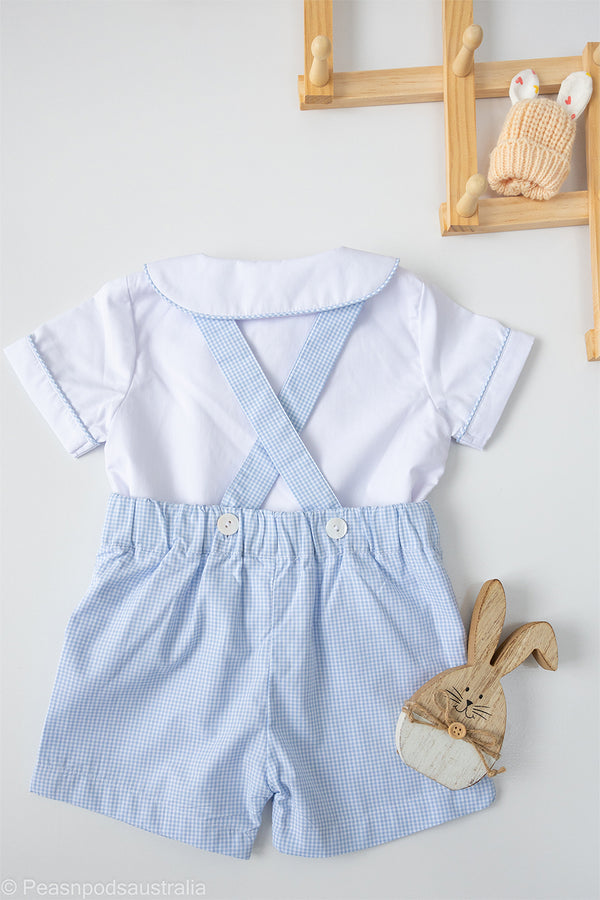 Blue Gingham Boys Overall and Shirt Set