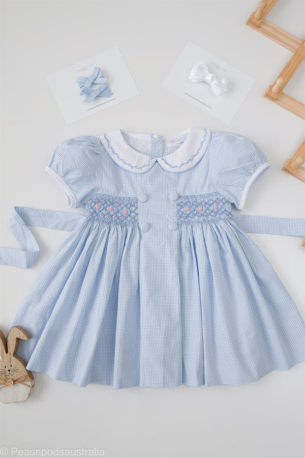 Blue Gingham Handmocked Dress