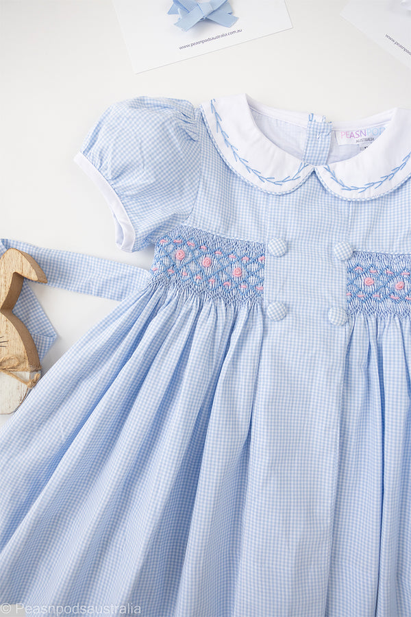 Blue Gingham Handmocked Dress