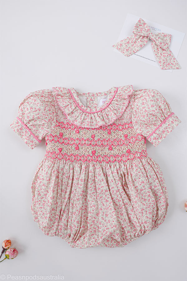 Pink Ditsy Floral Handsmocked Romper