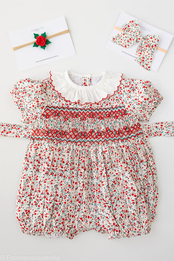 Red Floral Hand-Smocked  Romper