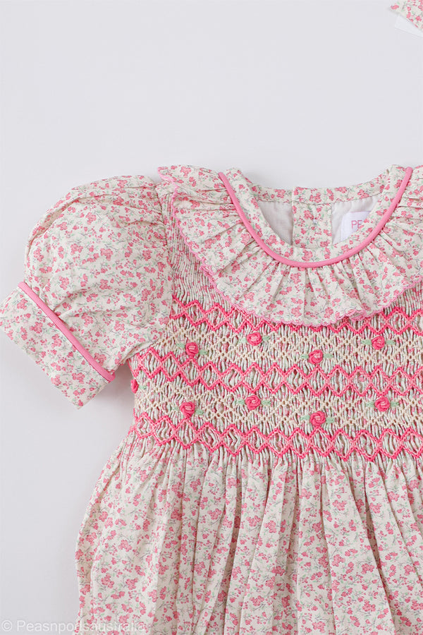 Pink Ditsy Floral Handsmocked Romper