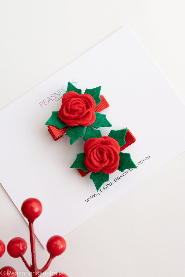 Red Felt Rose Clip