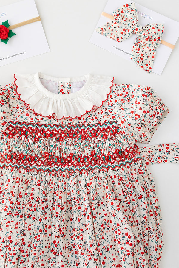 Red Floral Hand-Smocked  Romper