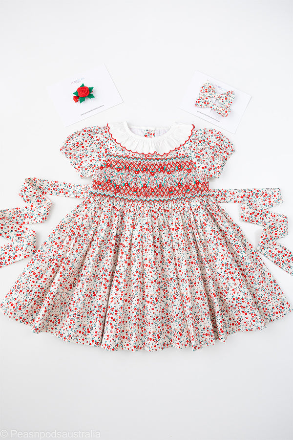 Red Floral Hand-Smocked  Dress