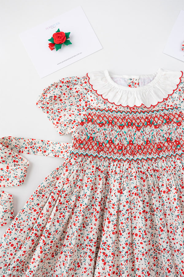 Red Floral Hand-Smocked  Dress