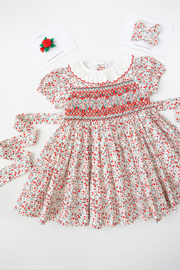 Red Floral Hand-Smocked  Dress