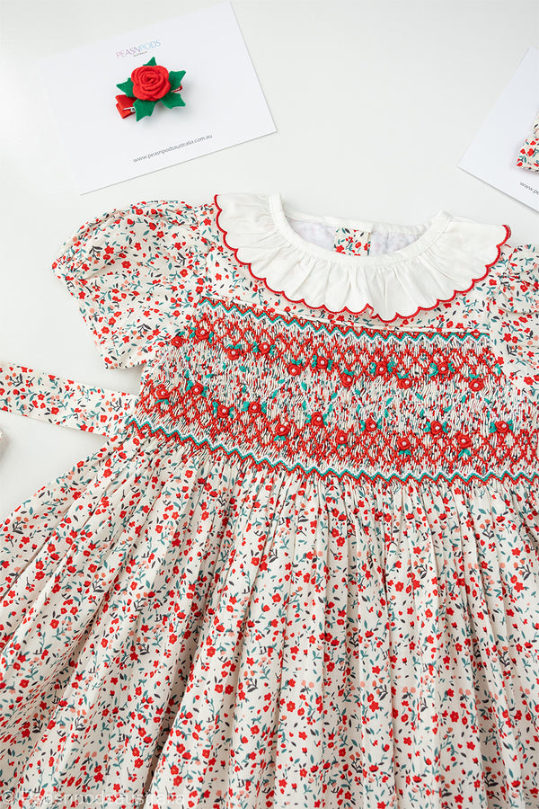 Red Floral Hand-Smocked  Dress