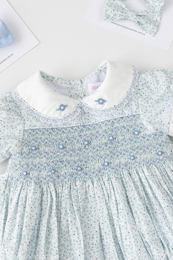 Blue Daisy Hand-Smocked Romper