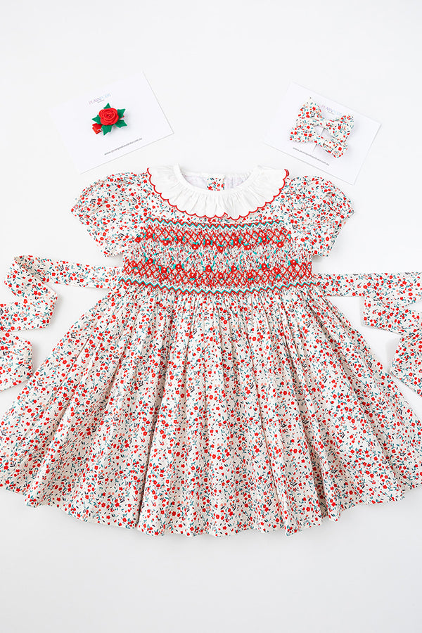 Red Floral Hand-Smocked  Dress