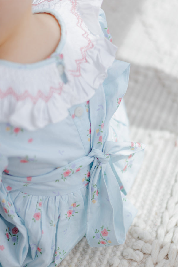 Blue floral Handsmocked Romper